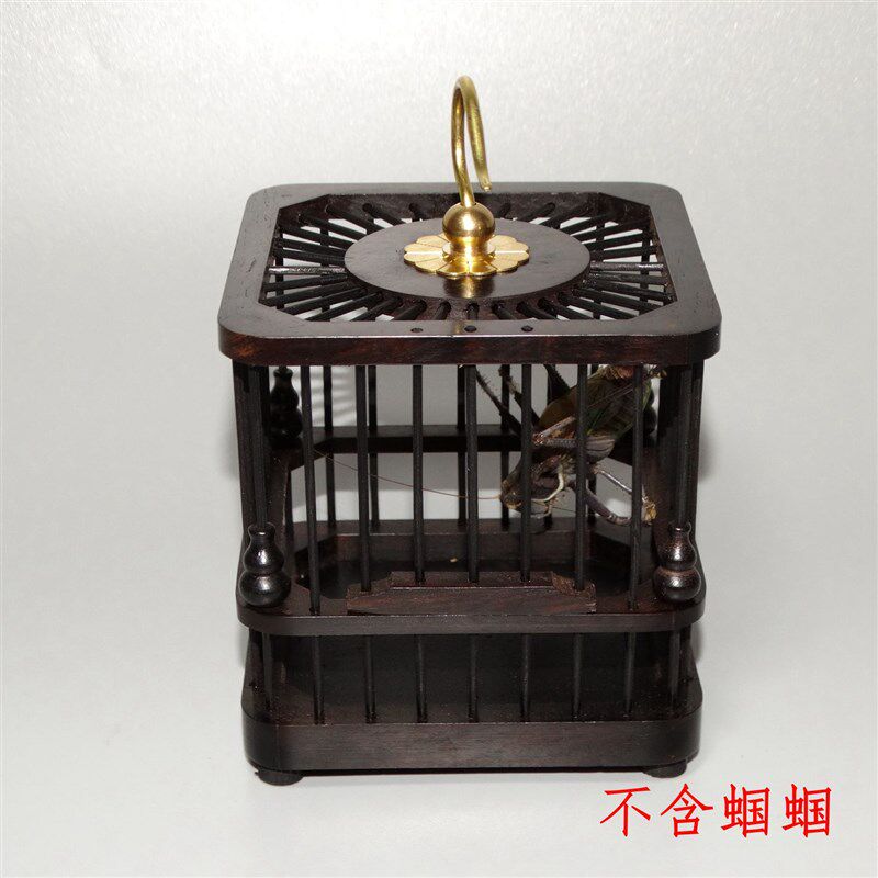 乌木紫光檀木蝈蝈笼子实木鸣虫笼铜钩子经典款高档工艺品竹条红木