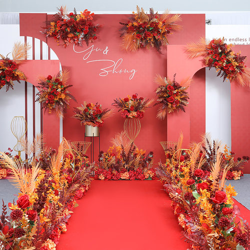 红色婚庆地排花婚礼成品花布置花装饰花拱门花路引花花排绢花假花