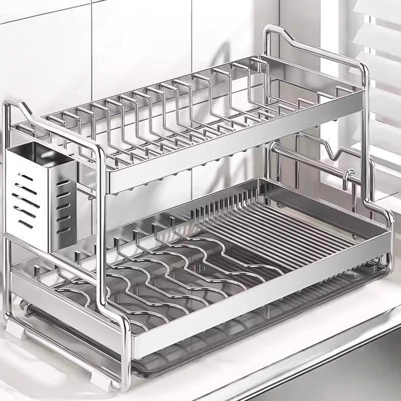 不锈钢碗架双层厨房台面沥水架子家用餐具收纳架多功能厨房置物架