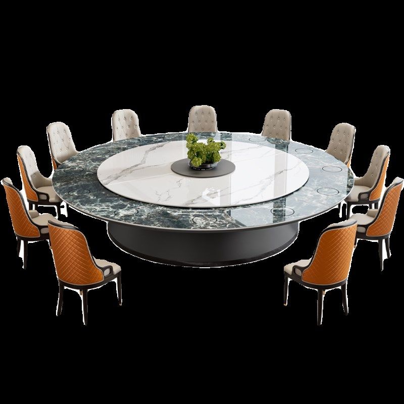 酒店专用岩板大圆桌中式电磁炉电动宴会桌饭店包厢火锅店桌椅