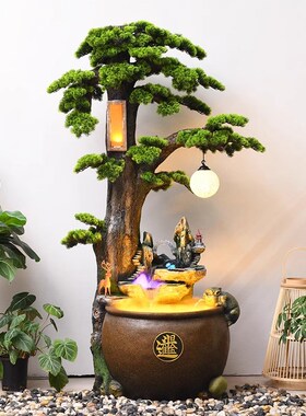 中式迎客松摆件假山流水饭店鱼缸瀑布装饰景观客厅落地循环水景