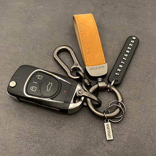 翻毛皮汽车钥匙扣创意男女高档锁匙链简约钥匙挂绳挂件防丢号码牌