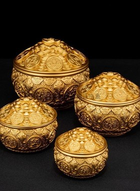 纯黄铜聚宝盆带盖百福缸摆件客厅米缸家用铜工艺品办公室开业礼品