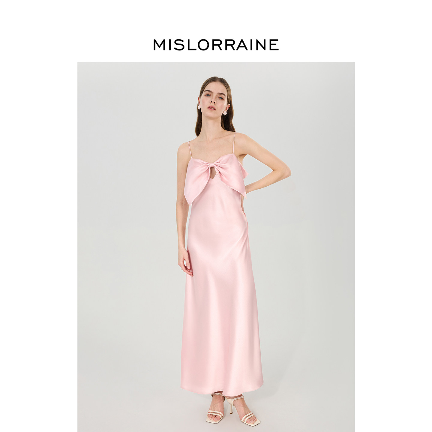 MISLORRAINE醋酸缎面连衣裙轻奢樱花粉蝴蝶结吊带长裙垂感礼服裙