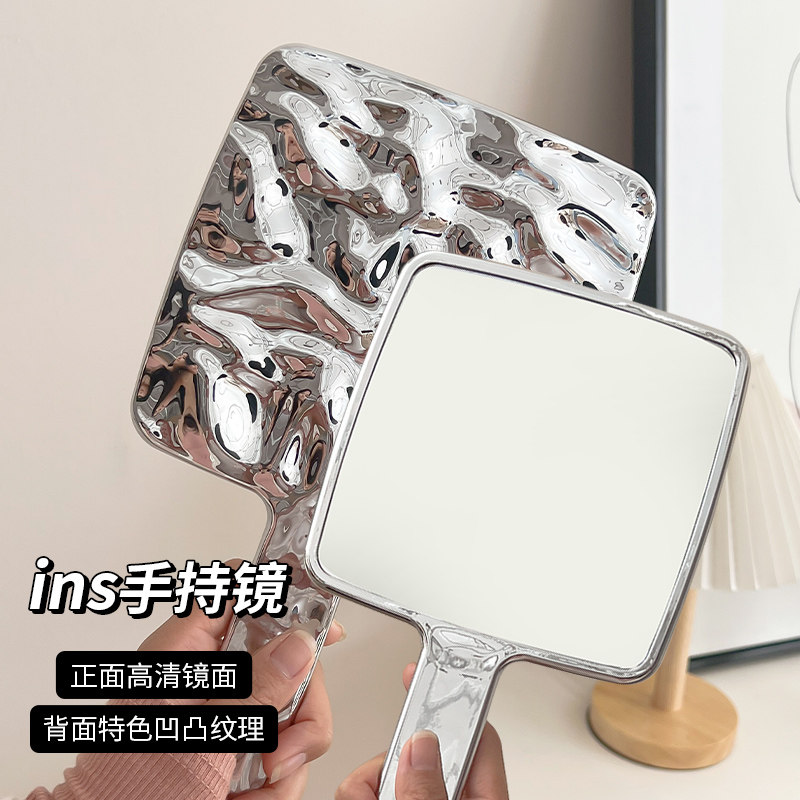 手持时尚化妆镜水波纹特色纹理复古补妆镜高清便携手柄随身美容镜