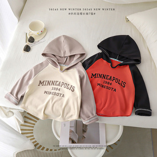 儿童春秋款童装上衣女宝宝套头外套女童印花长袖T恤百搭连帽卫衣