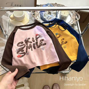 儿童秋款T恤 宝宝撞色休闲长袖内搭女童卡通圆领打底上衣设计款潮