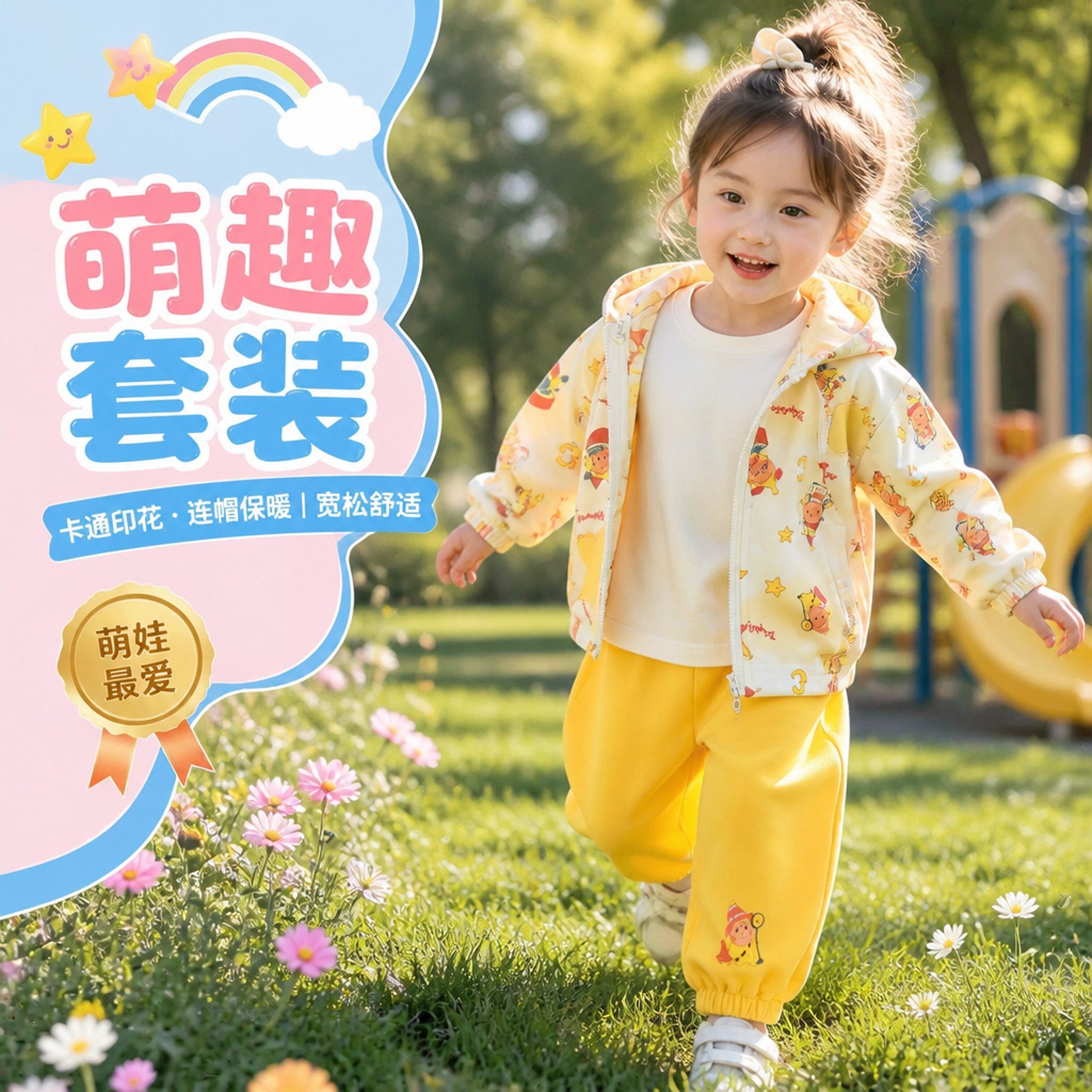 儿童卡通套装秋款男女童星星卫衣卫裤套装宝宝印花休闲拉链衫两件