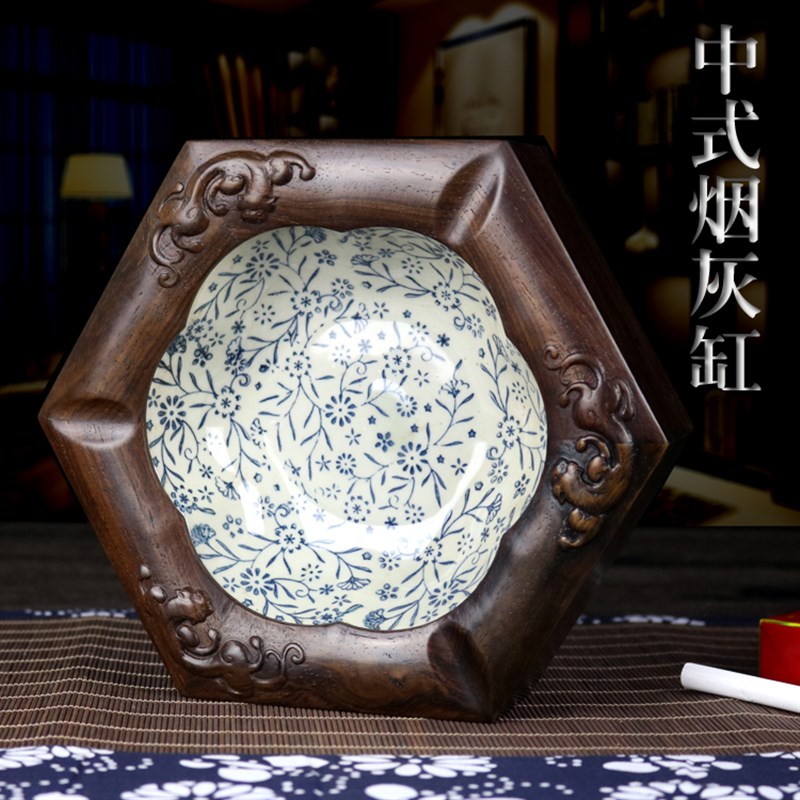 红木工艺品 黑檀木办公室烟缸时尚创意个性 实木质复古烟灰缸大号