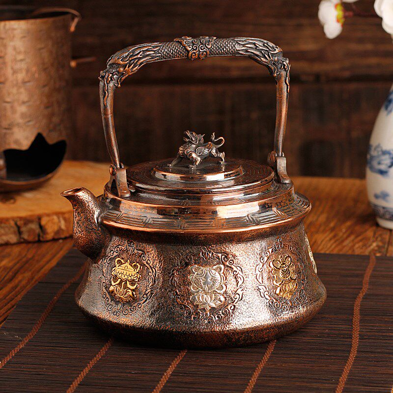 手工八宝铜壶纯紫铜精工錾刻鎏金烧水煮茶壶加厚一张打茶具