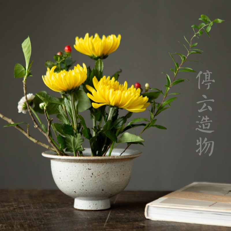 手禅粗陶复古高足水原花盘工意志野釉碗形花器中华花艺小盘流