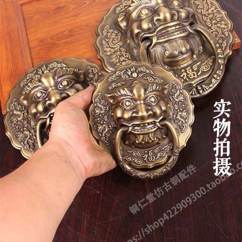 中式式铜木门兽头铜门子拉手老纯狮环头门环复古玻璃门大门铜把手