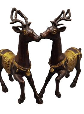 仿古做旧黄铜紫铜鎏金福禄鹿一对家居摆件工艺品礼品