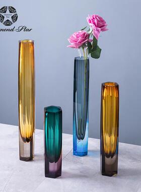 钻石星仿水晶小口高款玻璃花瓶高级感客厅桌面插花器摆件花瓶