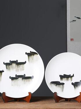 现代新中式陶瓷盘摆件禅意样板房酒店电视柜橱窗软装饰品白色圆盘