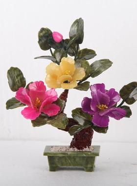 玉石盆景3朵牡丹花客厅办公室酒柜电视柜摆件家居装饰品送礼礼品
