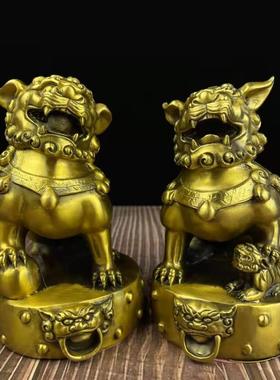黄铜古玩铜器铜狮子一对站鼓铜狮收藏摆件礼品