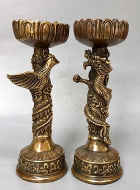 仿古黄铜龙凤蜡台一对龙凤烛台龙凤对蜡烛台家居供奉摆台