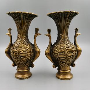 古玩杂项仿古铜花瓶古玩收藏 黄铜孔雀花瓶摆件工艺品