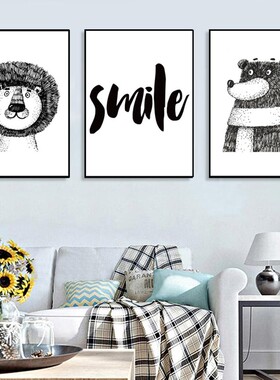 画宴 北欧风格客厅沙发背景墙装饰画卧室床头灰色卡通字母三联画