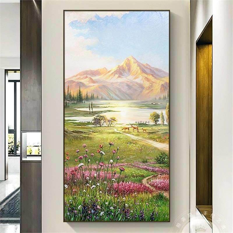 手绘油画美式风景高山流水聚宝盆背靠金山福禄生财走廊过道装饰画