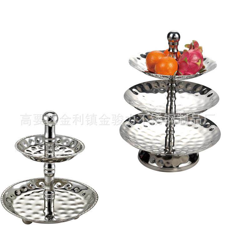 加厚不锈钢锤点三层果盘自助餐糕点盘水果茶歇点心架KTV水果拼盘