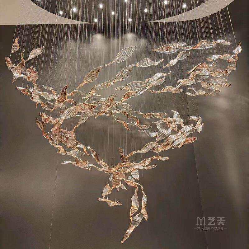 轻奢别墅复式楼楼梯吊灯个性艺术扭叶玻璃吊灯餐厅客灯工程灯