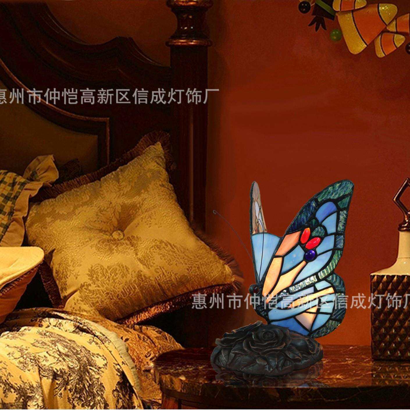 外贸跨境蒂凡尼别墅蝴蝶台灯彩色玻璃手工小房子灯酒吧餐桌氛围灯