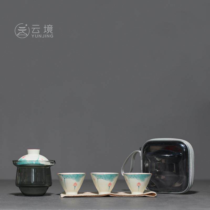 釉下彩手绘荷花一壶三杯玻璃快客杯 便携式旅行茶具功夫套装