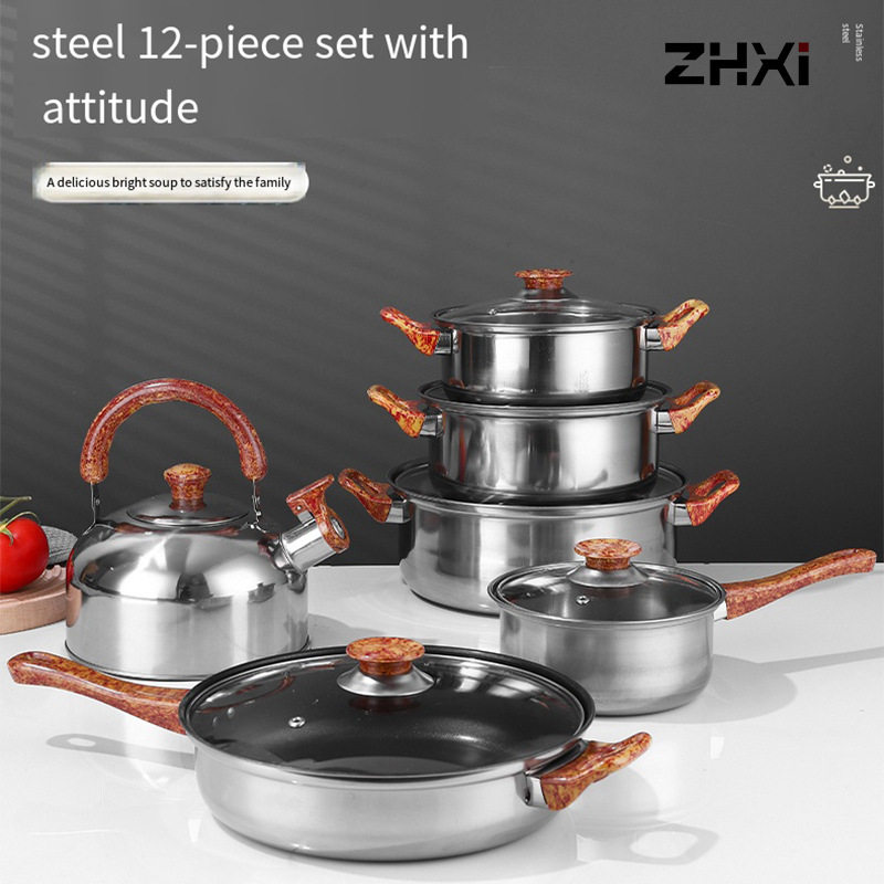 跨境货源不锈钢12件套锅木纹手柄带水壶锅具组合厨房烹饪锅具套装