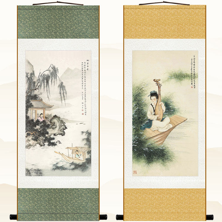 柳岸笛声 犹抱琵琶半遮面书房装饰画 仕女抚琴图卷轴画挂画丝绸画