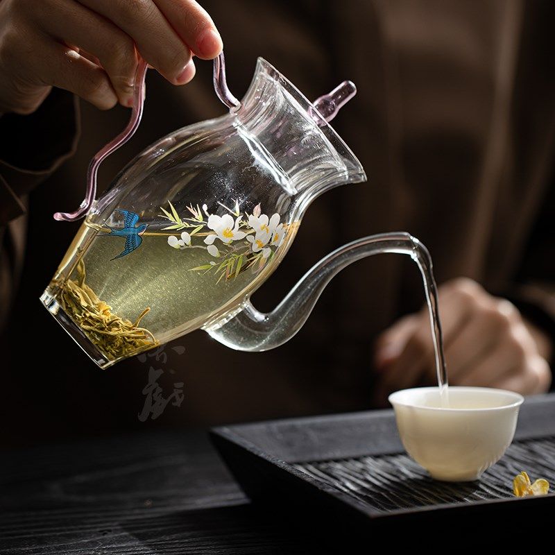 耐热玻璃透明仿宋手执茶壶手工贴花家用绿茶泡茶壶单壶花茶壶