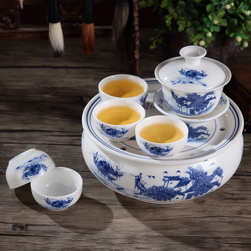 青花陶瓷功夫茶具套装旅行茶具包带茶盘套便携茶具整套旅游小茶具