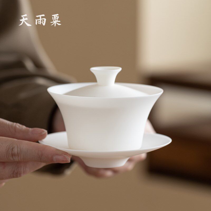 天雨粟 超薄胎羊脂玉瓷三才盖碗素烧不烫手磨砂哑光马蹄高端茶具