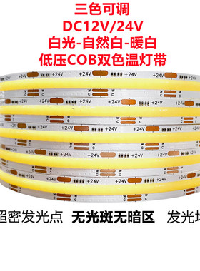 LED贴片软灯条三色发光双色温cob灯带24v白+暖+中性吊顶12v线型灯