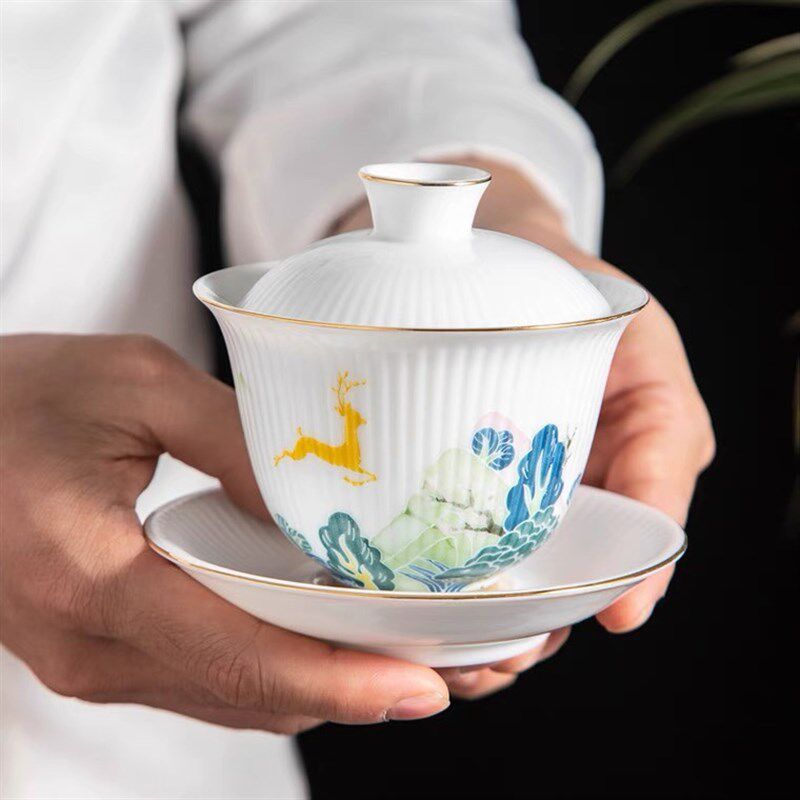 茶备羊脂玉白瓷单个冲茶盖碗陶瓷手工大号泡茶器家用功夫三才茶碗