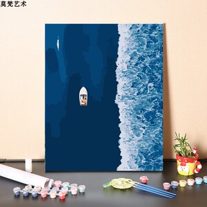 数字油画diy手工填充蓝色梦幻海洋游艇风景画手绘涂色丙烯油彩画