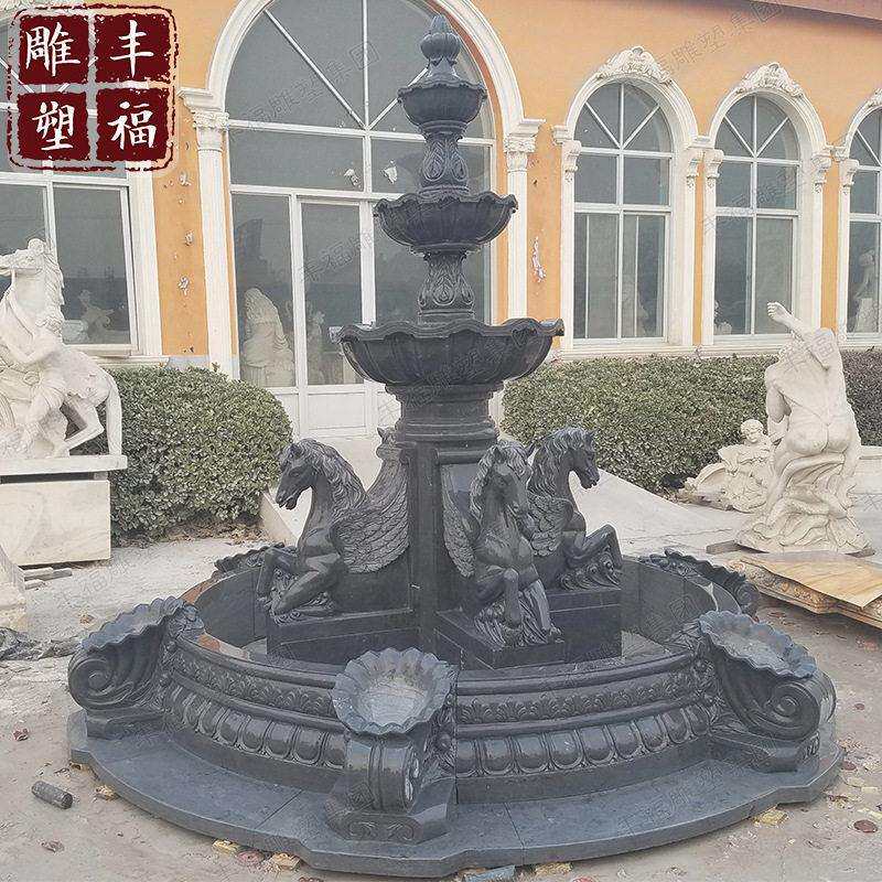 大理石动物马喷泉厂家别墅后花园水景石雕小马喷泉欧式喷泉雕塑