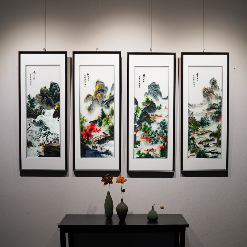 春夏秋冬四条屏客厅装饰画纯手工刺绣苏绣画沙发背景墙电视墙挂画