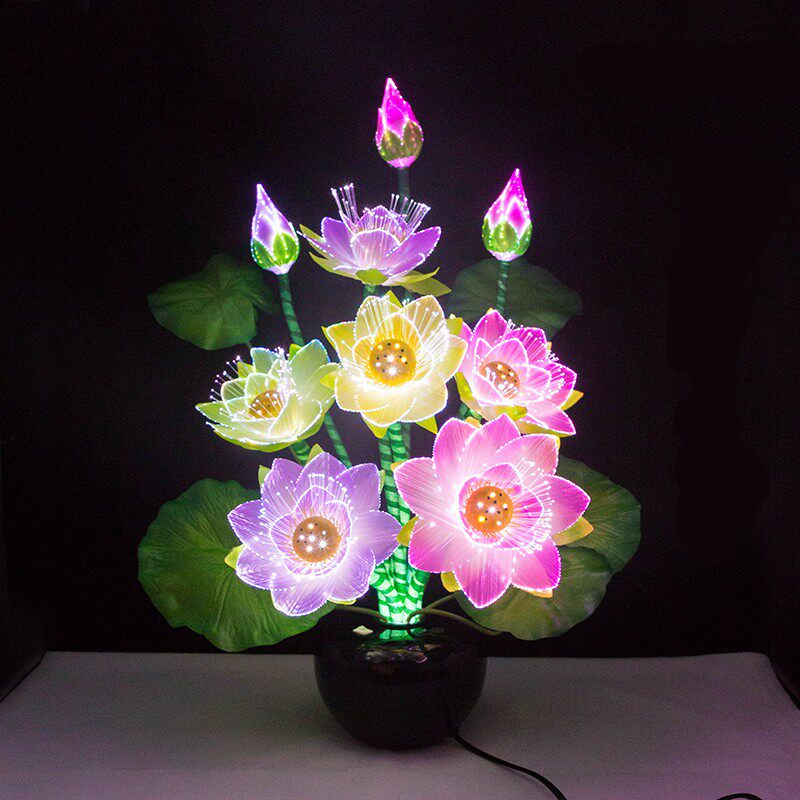 佛前莲花灯感应灯盆景花灯睡莲LED供灯七彩光纤荷花灯佛供花摆件