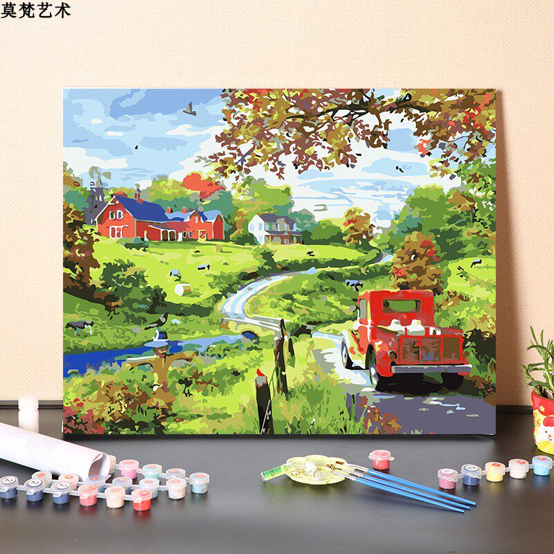 数字油画diy填充手工填色消磨时间春天农场风景涂色丙烯油彩画画
