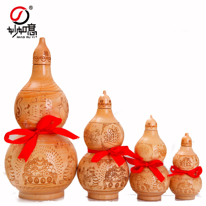 妙如意 桃木开盖葫芦木雕文玩葫芦龙凤呈祥聚宝盆家居工艺品摆件