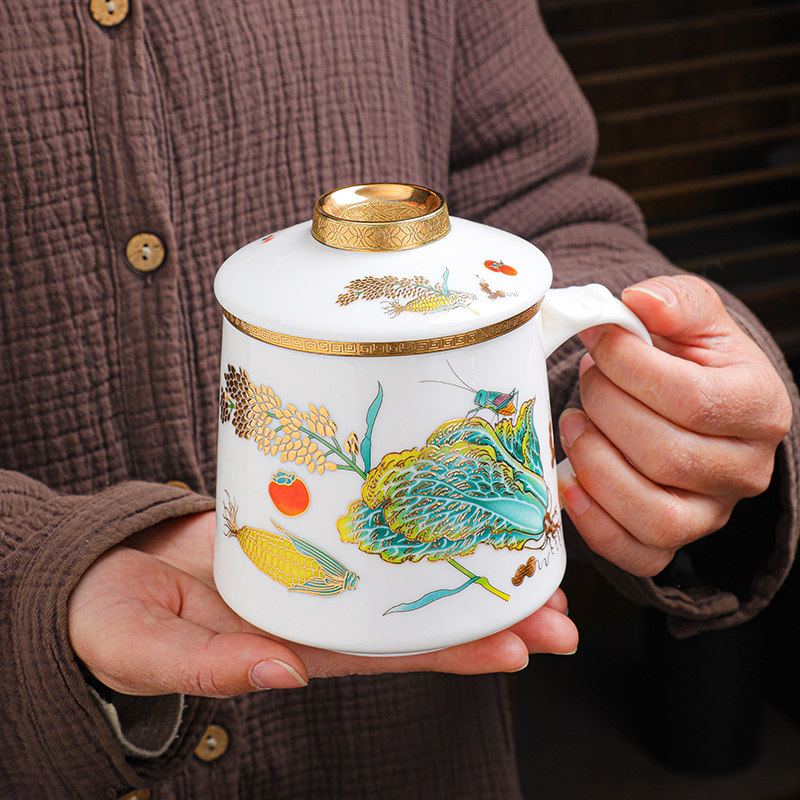 白瓷羊脂玉办公杯陶瓷茶水分离带盖过滤商务会议杯礼品杯支持定制