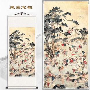 客厅竖版百子图挂画玄关好运纳福百子迎福装饰画办公室卷轴壁画