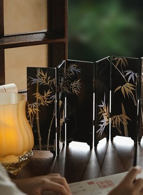 大相莲花 中式桌面屏风摆件 可折叠双面屏风摆台 木质 迷你隔断