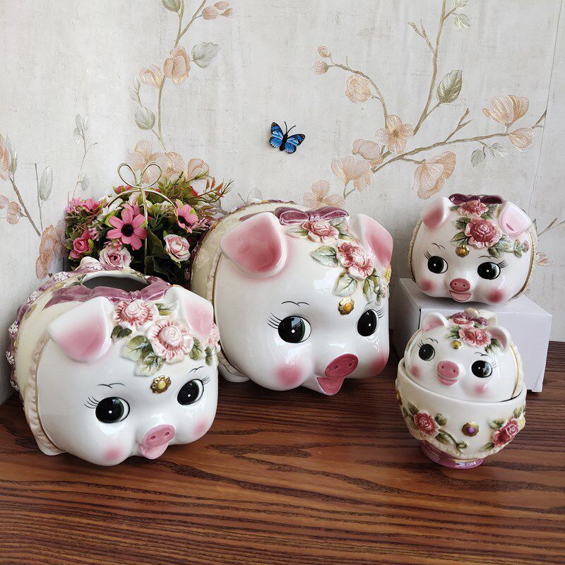 方亚纯手绘陶瓷可爱猪猪储钱罐客厅装饰儿童小猪储蓄罐存钱罐摆件