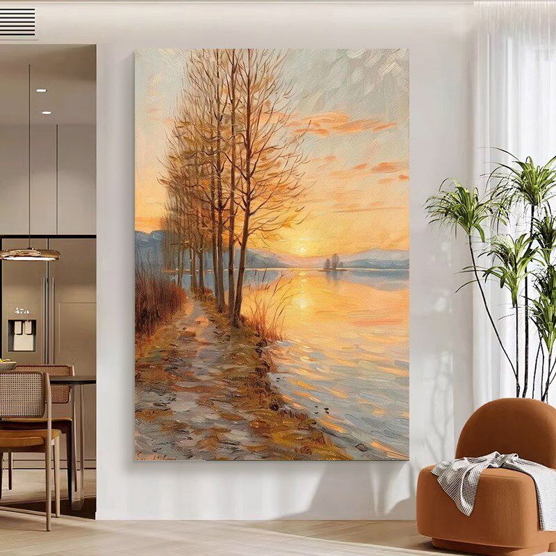 大芬村日出风景玄关手绘油画莫奈印象派客厅装饰画暖色系肌理挂画
