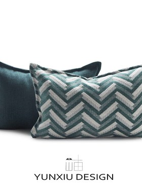 云岫家居 长方形绿色加厚棉麻腰枕样板房长枕几何沙发靠垫30*50cm