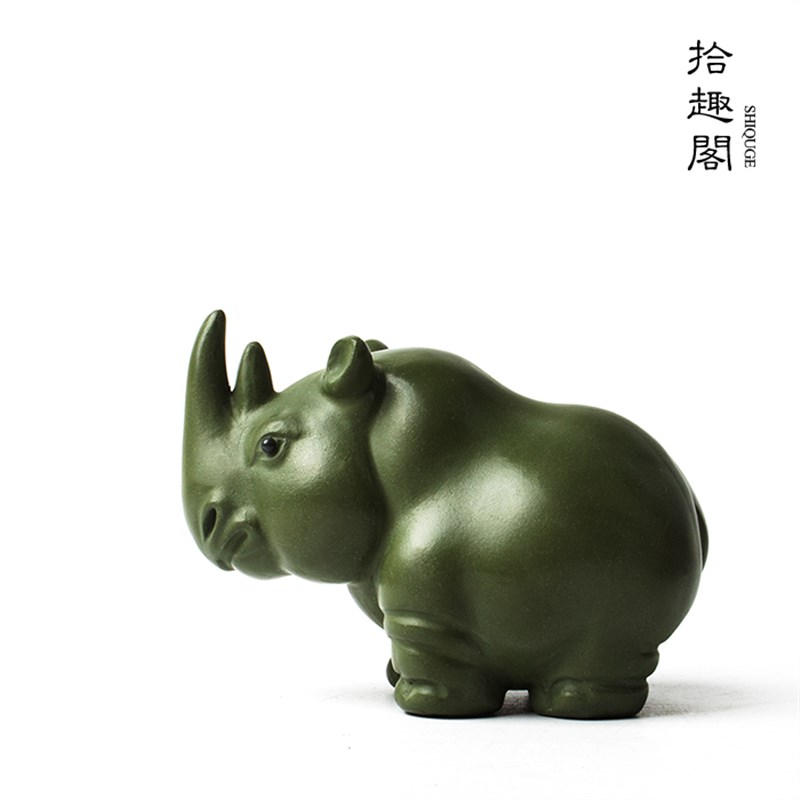 宜兴绿泥紫砂茶宠手工陶瓷茶玩犀牛摆件盖托功夫茶具茶宠可爱有趣