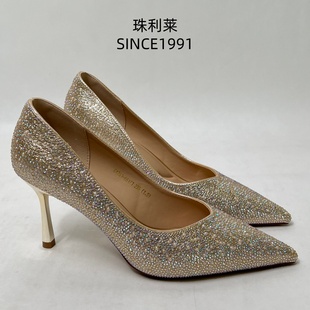 珠利莱2026春季新款金色水钻尖头高跟鞋女气质性感婚鞋细跟单鞋